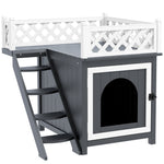 Cat Cave, Hut with Balcony & Stairs, Fir Wood, Grey