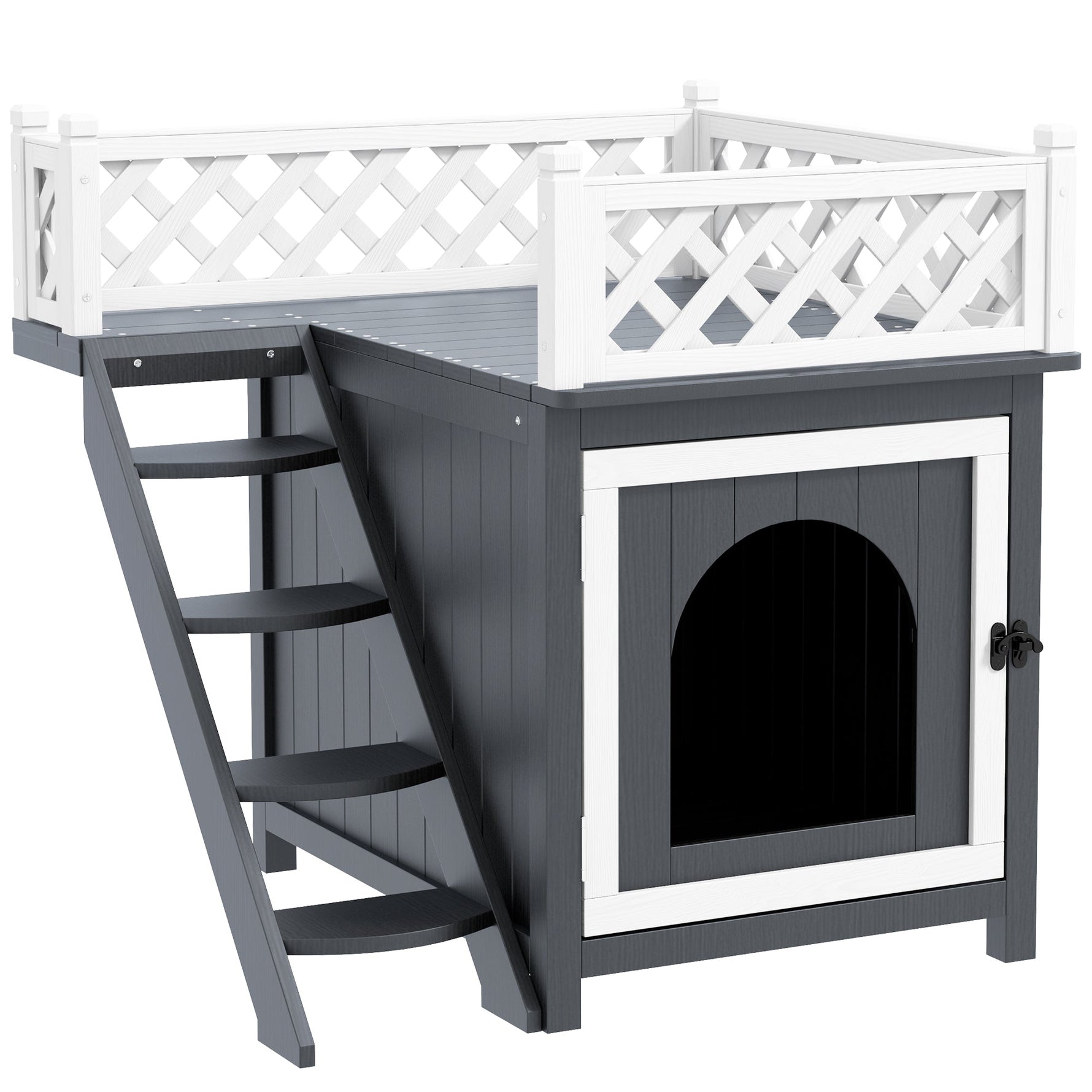 Cat Cave, Hut with Balcony & Stairs, Fir Wood, Grey
