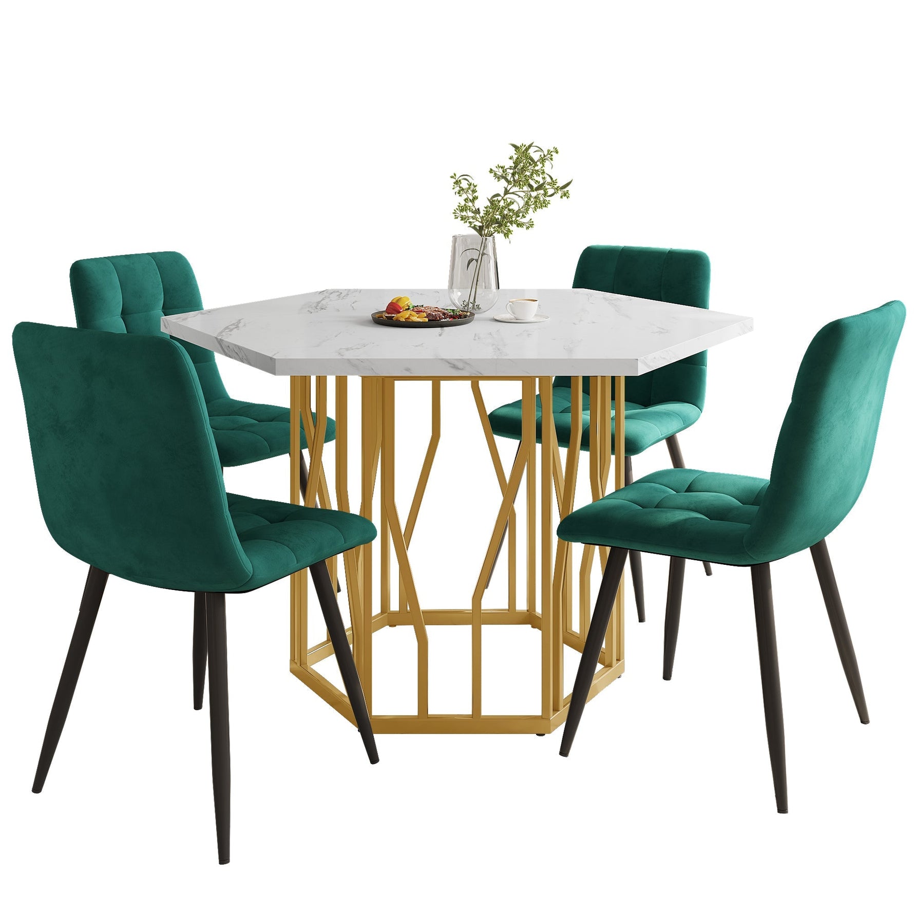 Dining Set (5-Piece) Modern Hexagonal Marble Table 4 Green Velvet Chairs Gold Legs