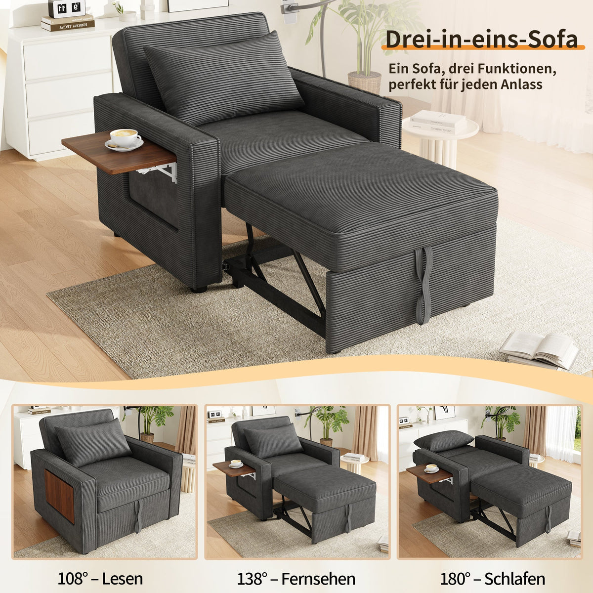 Foldable Sofa Bed, 1-Seater Recliner with USB & Phone Holder, Corduroy Grey