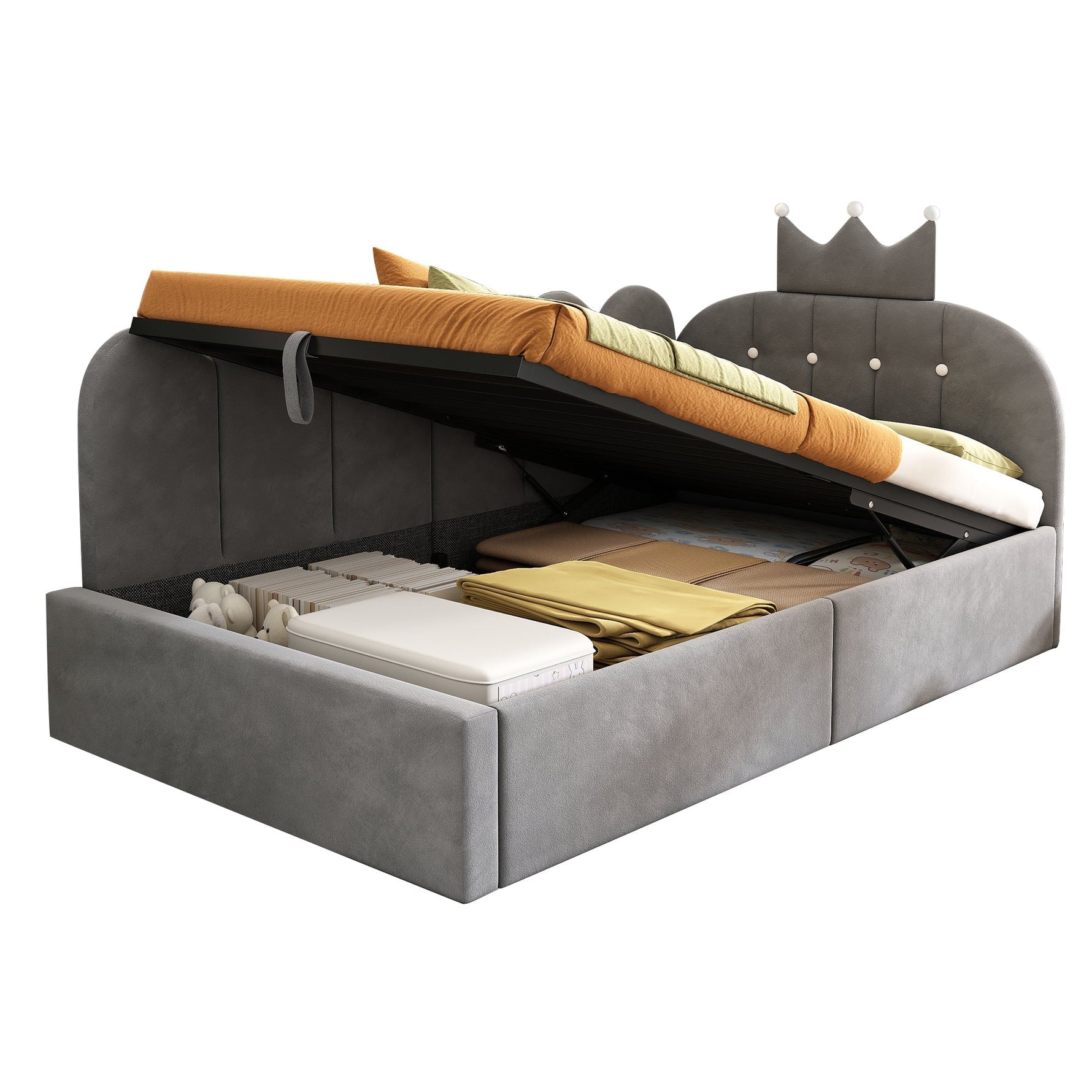 Upholstered Daybed with Hydraulic Storage and Crown Lattice Design, 90x200cm, Grey Velvet