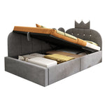 Upholstered Daybed with Hydraulic Storage and Crown-Lattice Design, 90x190cm, Grey Velvet