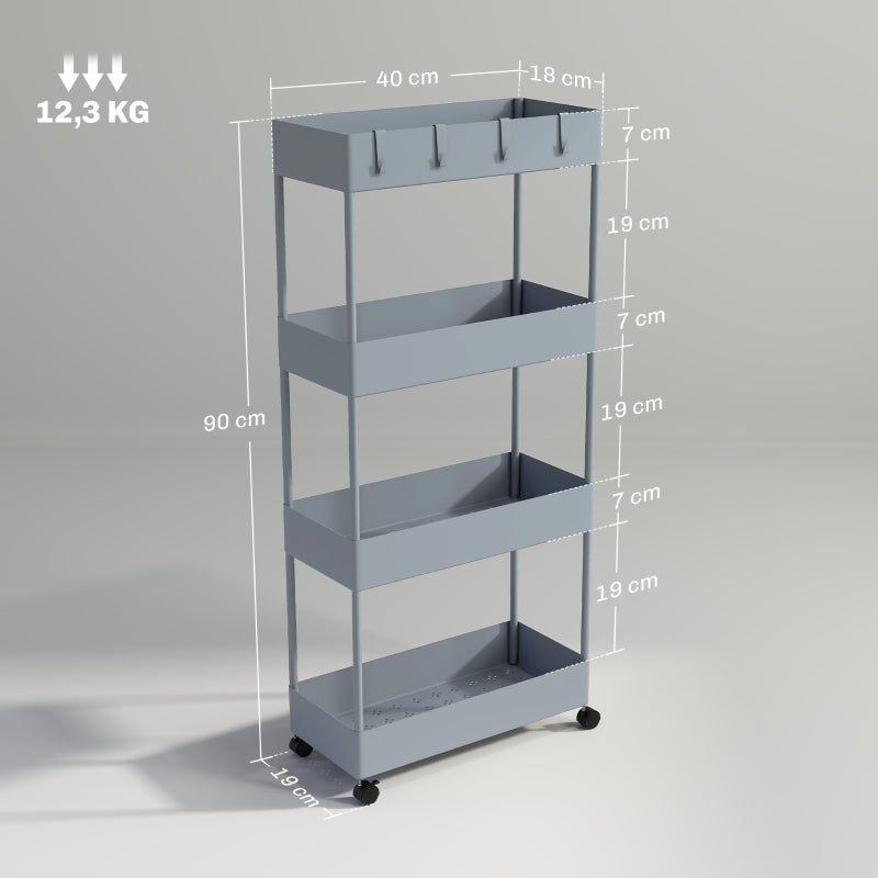 Rolling Cart, 4-Tier Shelf with Wheels and Brakes, Plastic, Gray