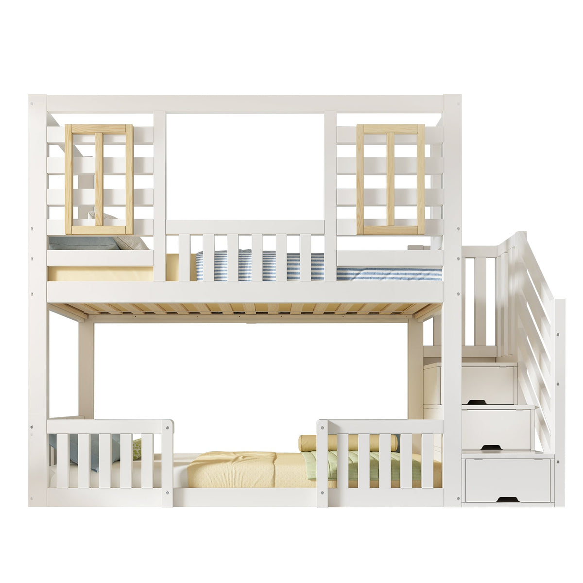 Bunk Bed with Cabin Style Windows and Staircase Cupboard, 90x200cm, White Wood