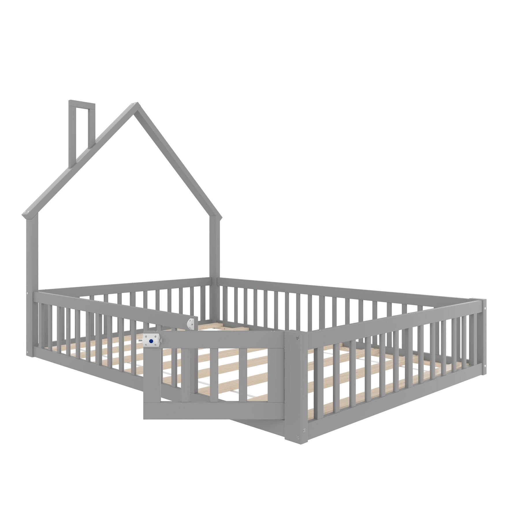 Children's Upholstered Bed with Chimney Shape and Slatted Base, 140x190cm, Grey Pine Wood
