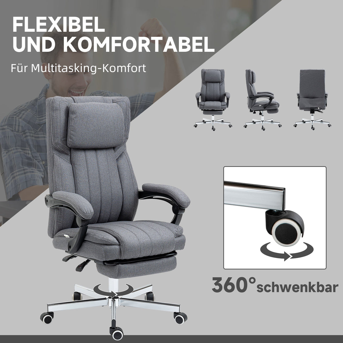 Office Chair Massage Modes Reclining Height Adjustable Footrest, Grey Linen Look