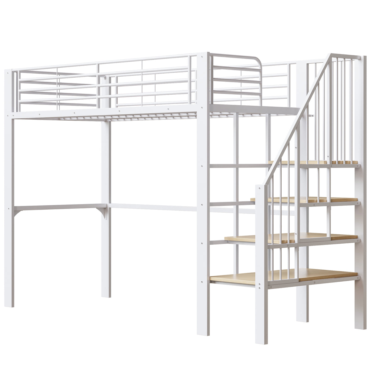 Loft Bed 90x200 cm with Storage Space & Stairs, Metal