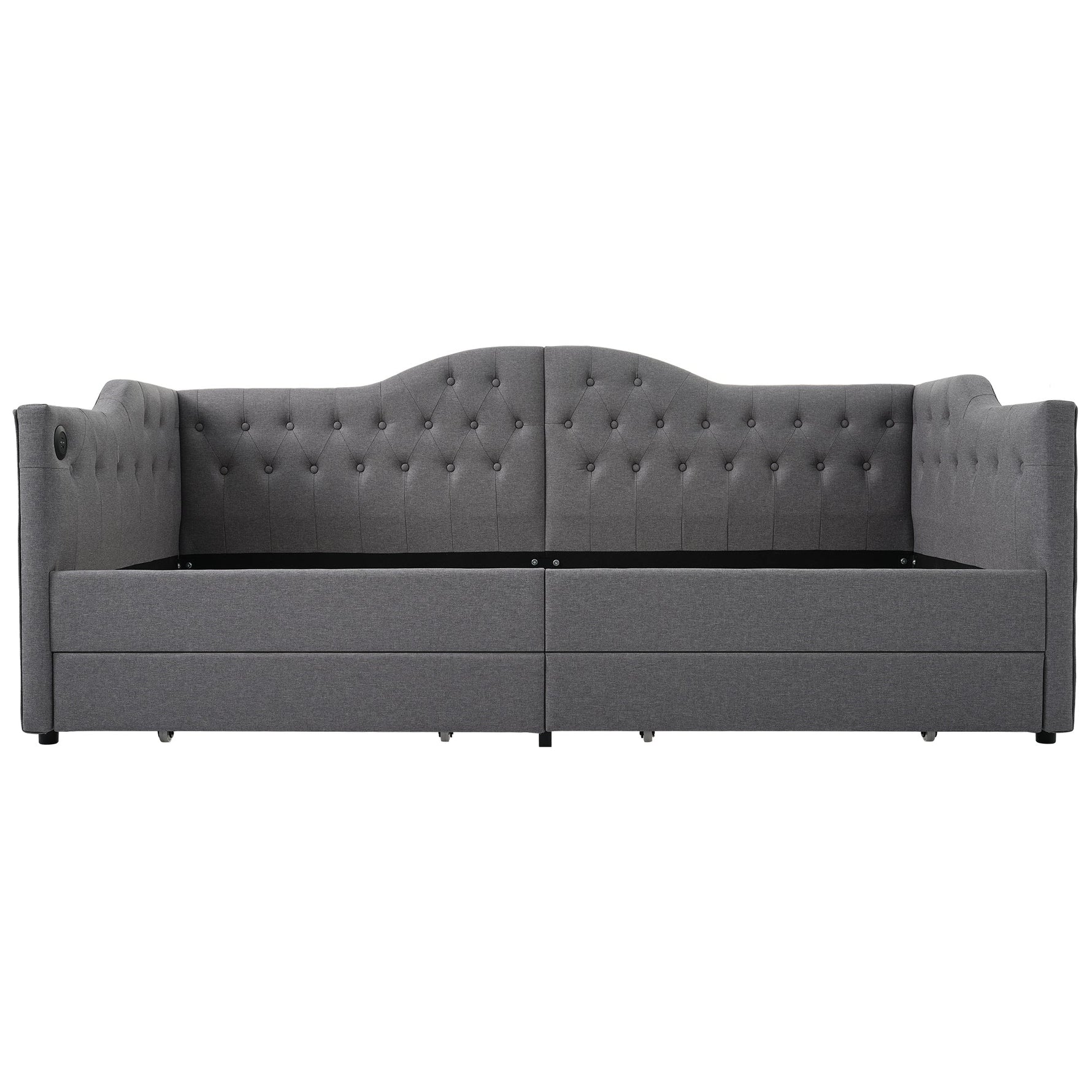 Upholstered Bed Daybed Sofa Bed with USB Type C & 2 Drawers, Grey Linen