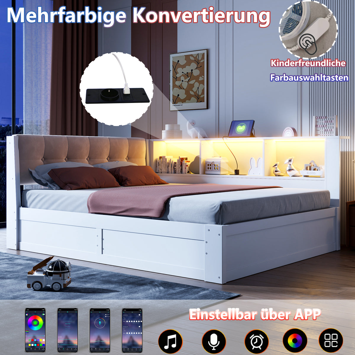 Daybed Frame 140x200cm with LED & Storage, White Pine Wood