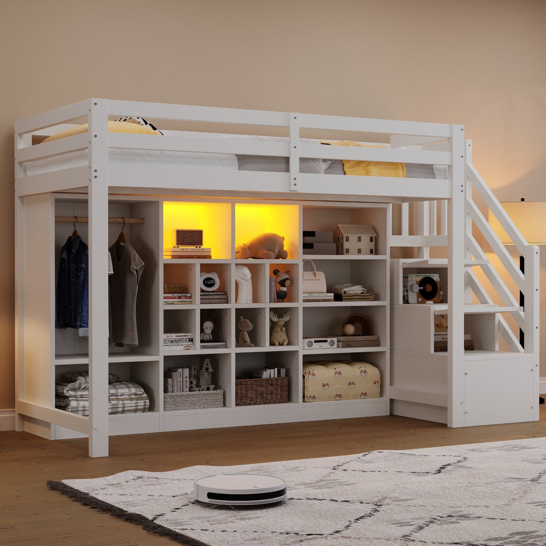 Loft Bed with Wardrobe, Storage Cabinets, LED and Storage Ladder, 90x200cm, White