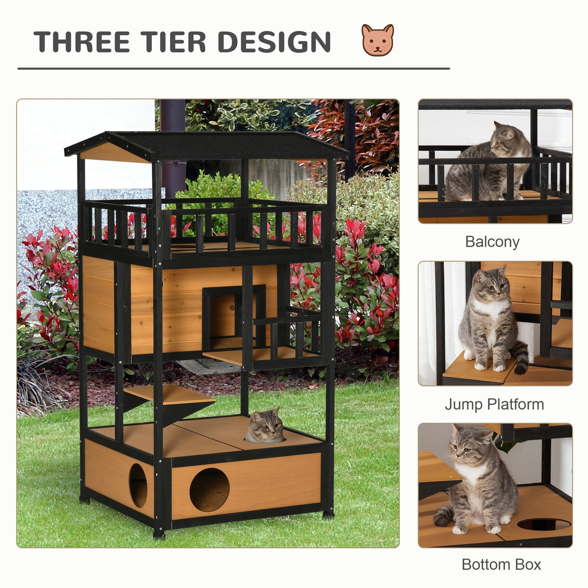 Cat House, 4 Levels with Stairs, Winter-Proof, Yellow Fir Wood