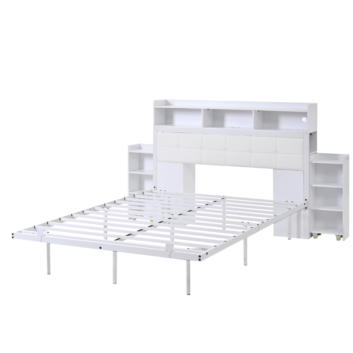 Double Bed 140x190cm 2 Pull-out Nightstands Storage USB/Type-C LED - White