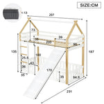 Bunk Bed with Slide & Ladder, Roof Shape, Pine + MDF + Plywood, White + Natural