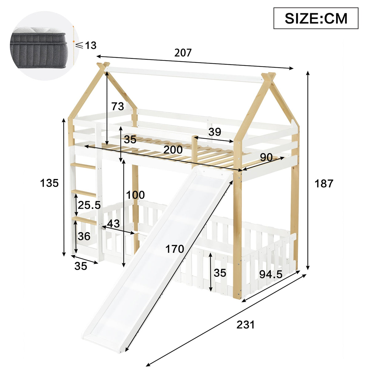 Bunk Bed with Slide & Ladder, Roof Shape, Pine + MDF + Plywood, White + Natural
