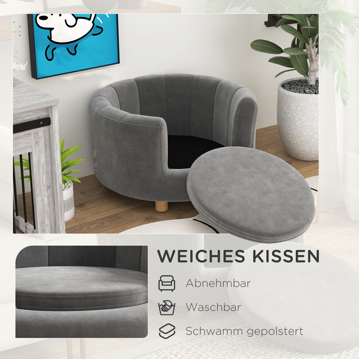 Dog Sofa, Washable Pet Sofa, Wooden Legs, Grey