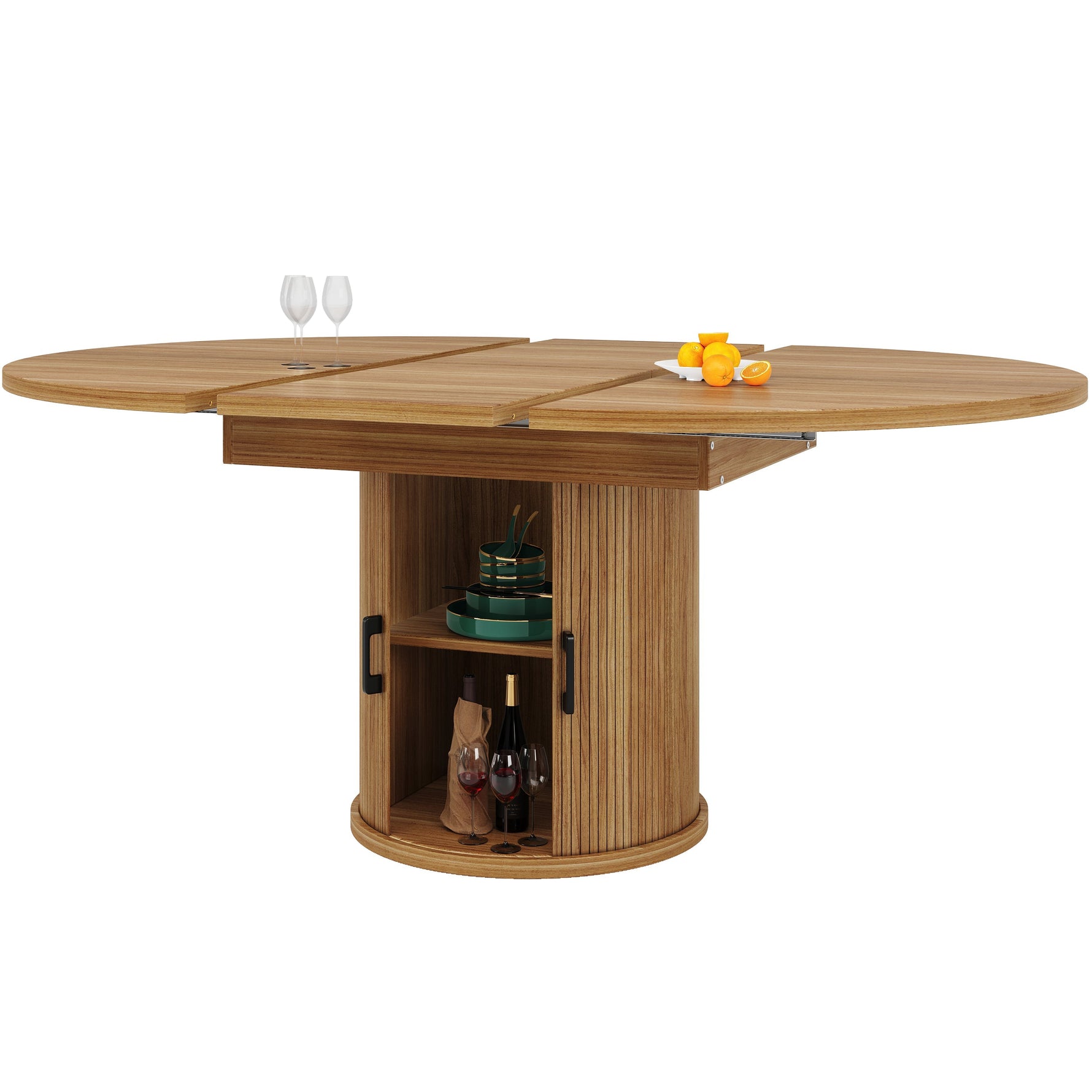 Extendable Round Dining Table, Oval Extension for 6 People, Walnut and Black