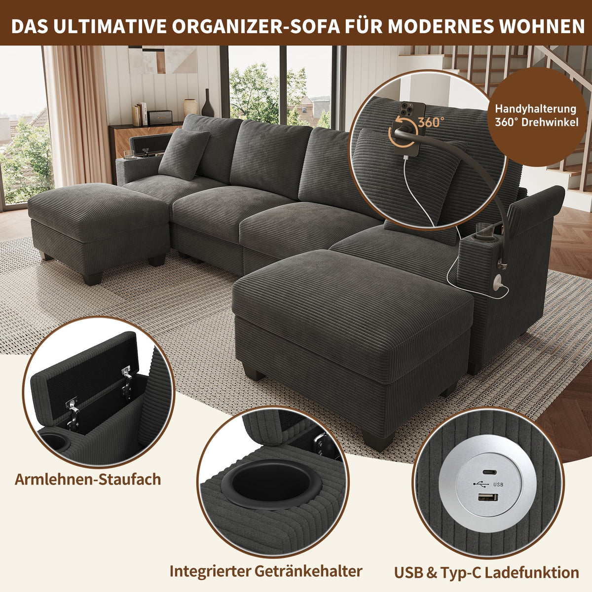 U-Shaped Modular Sofa with Sleeping Function, USB Port and Phone Holder, Gray Corduroy