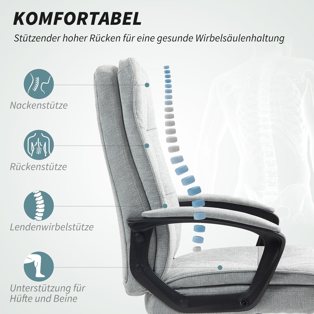 Office Chair Ergonomic Desk Chair with Armrests, Height-Adjustable Swivel with Rocking Function, Padded, Grey