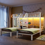 Bunk Bed with LED Lights, Integrated Storage Ladder, USB Ports and Desk, White