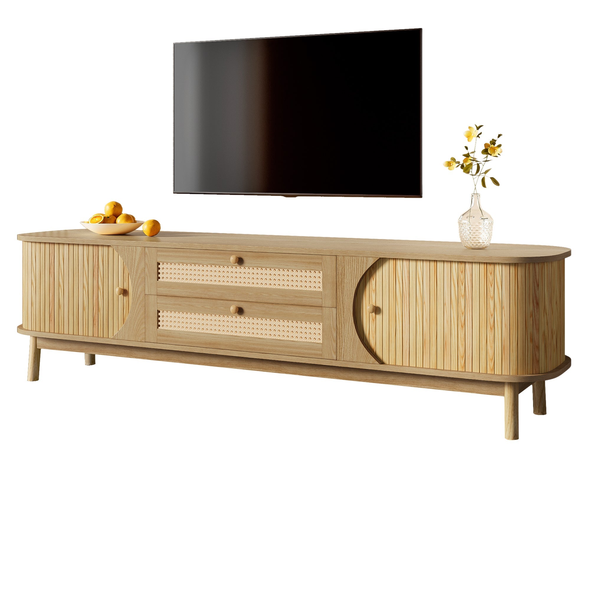 TV Cabinet with Doors, Drawers & Rattan Sides - Natural Wood Blend