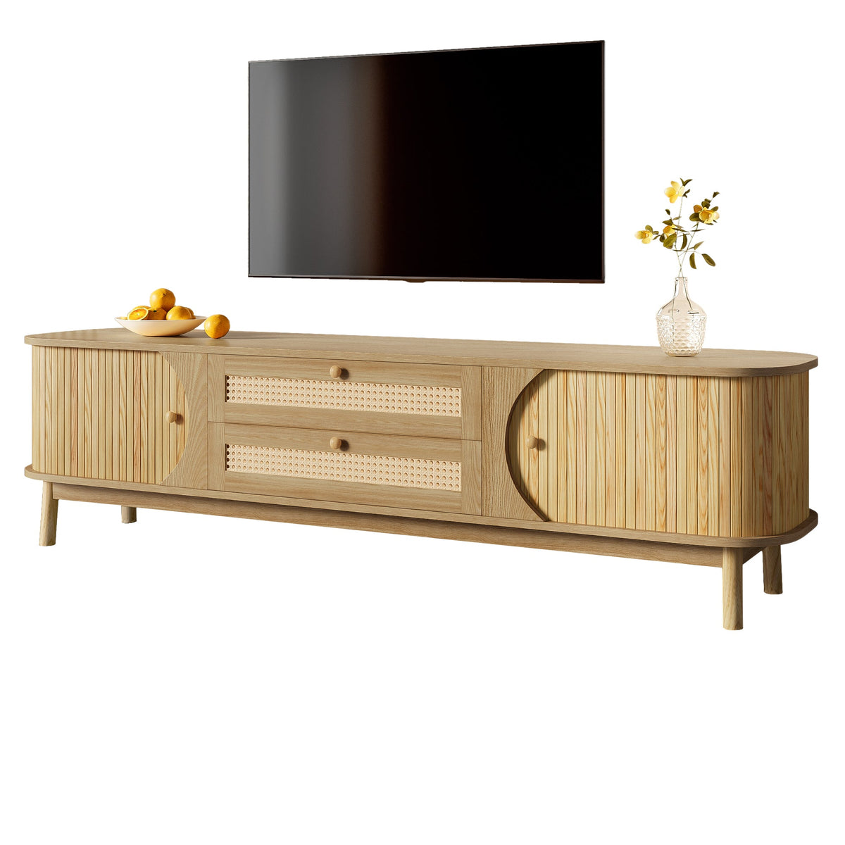 TV Cabinet with Doors, Drawers & Rattan Sides - Natural Wood Blend