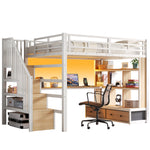 Metal Loft Bed 140x200 with Desk, Shelves & Storage - White