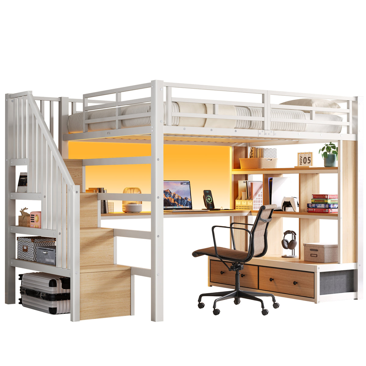 Metal Loft Bed 140x200 with Desk, Shelves & Storage - White