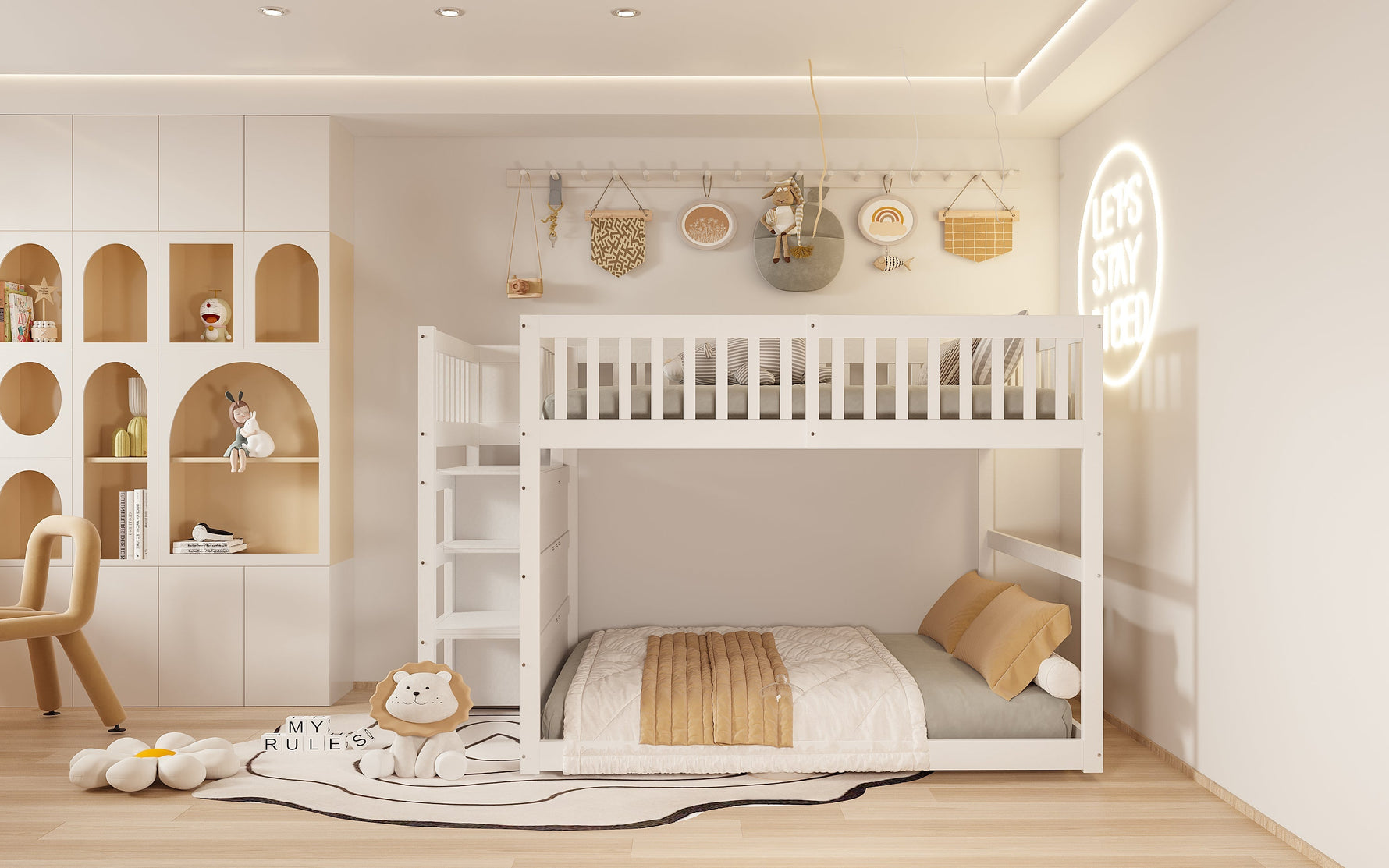 Low Bunk Bed, 140x200cm Safety with Storage & High Fence, Wooden White