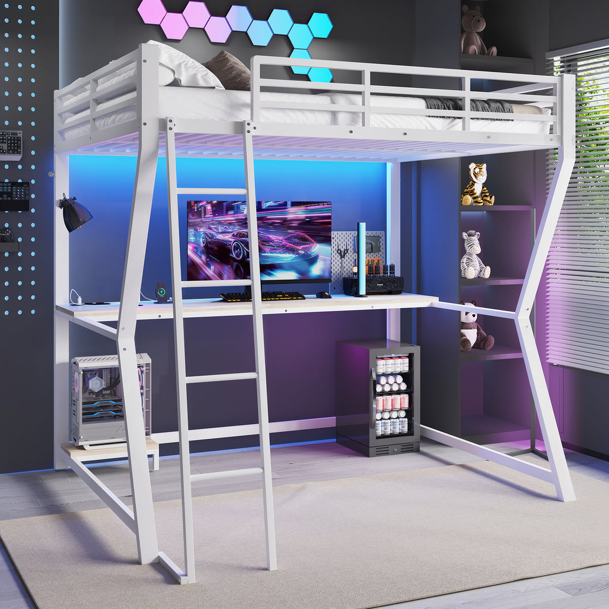Loft Bed 140x200cm with Desk, LED Lights & USB, White