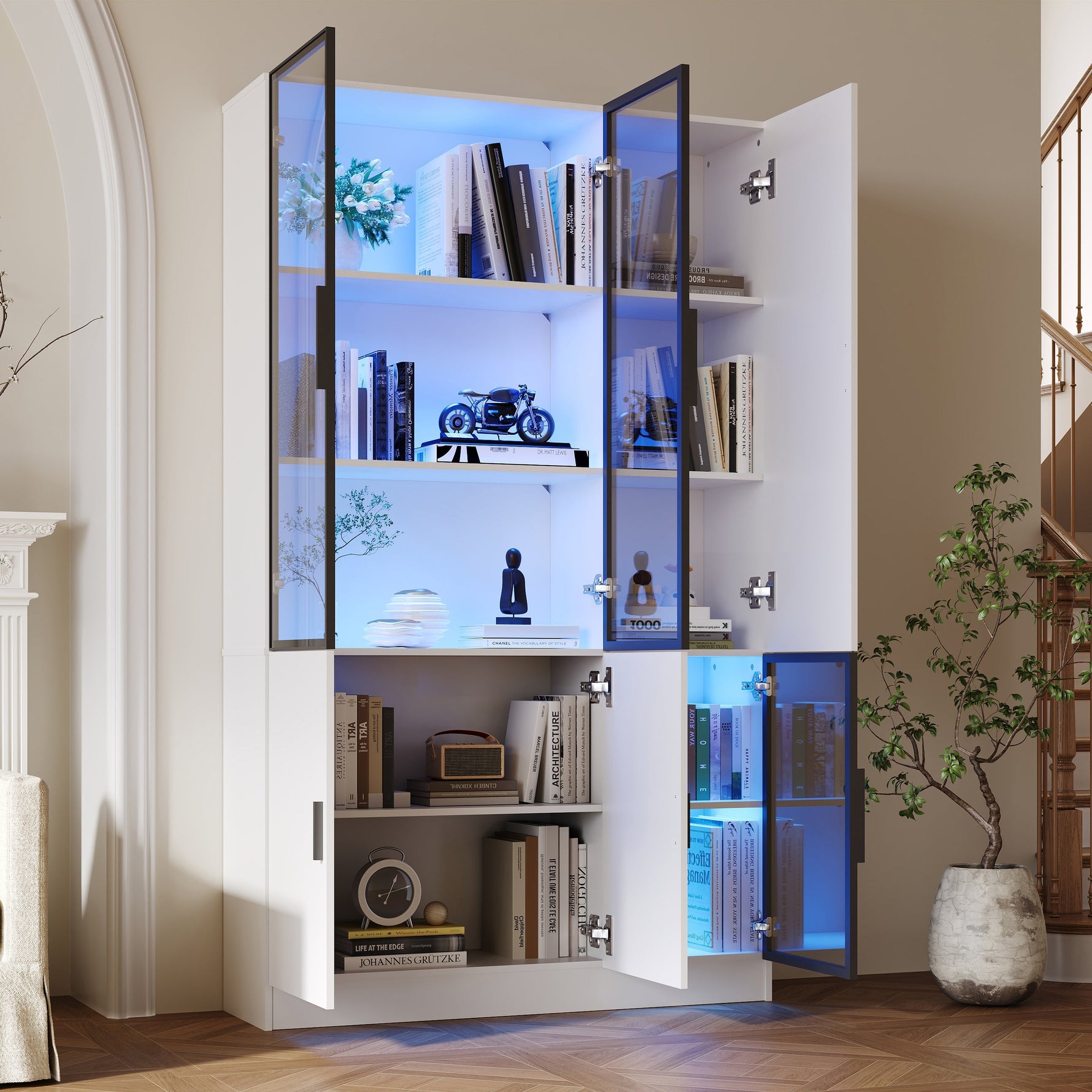 Glass Display Cabinet with LED Lights and 10 Storage Compartments, White and Glass