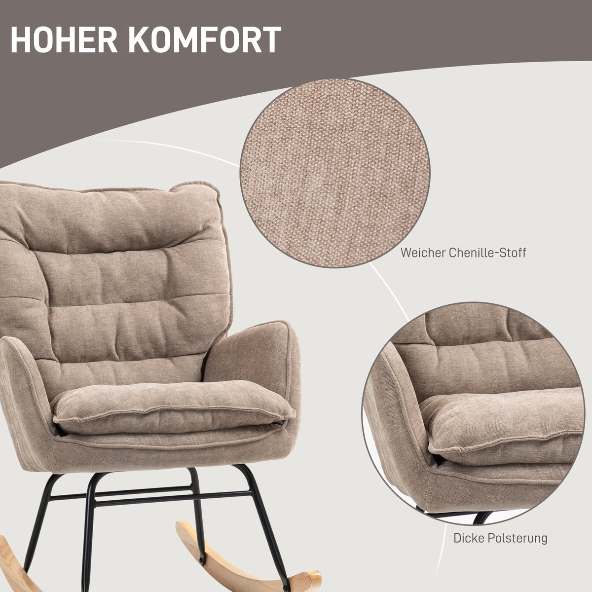Rocking Chair, Armrests, Nursing, 120kg Load Capacity, Brown