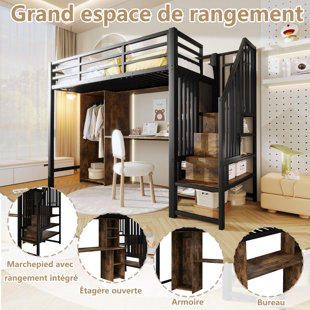 Loft Bed 90x200 cm with Wardrobe, Desk & Storage, Black Iron Frame
