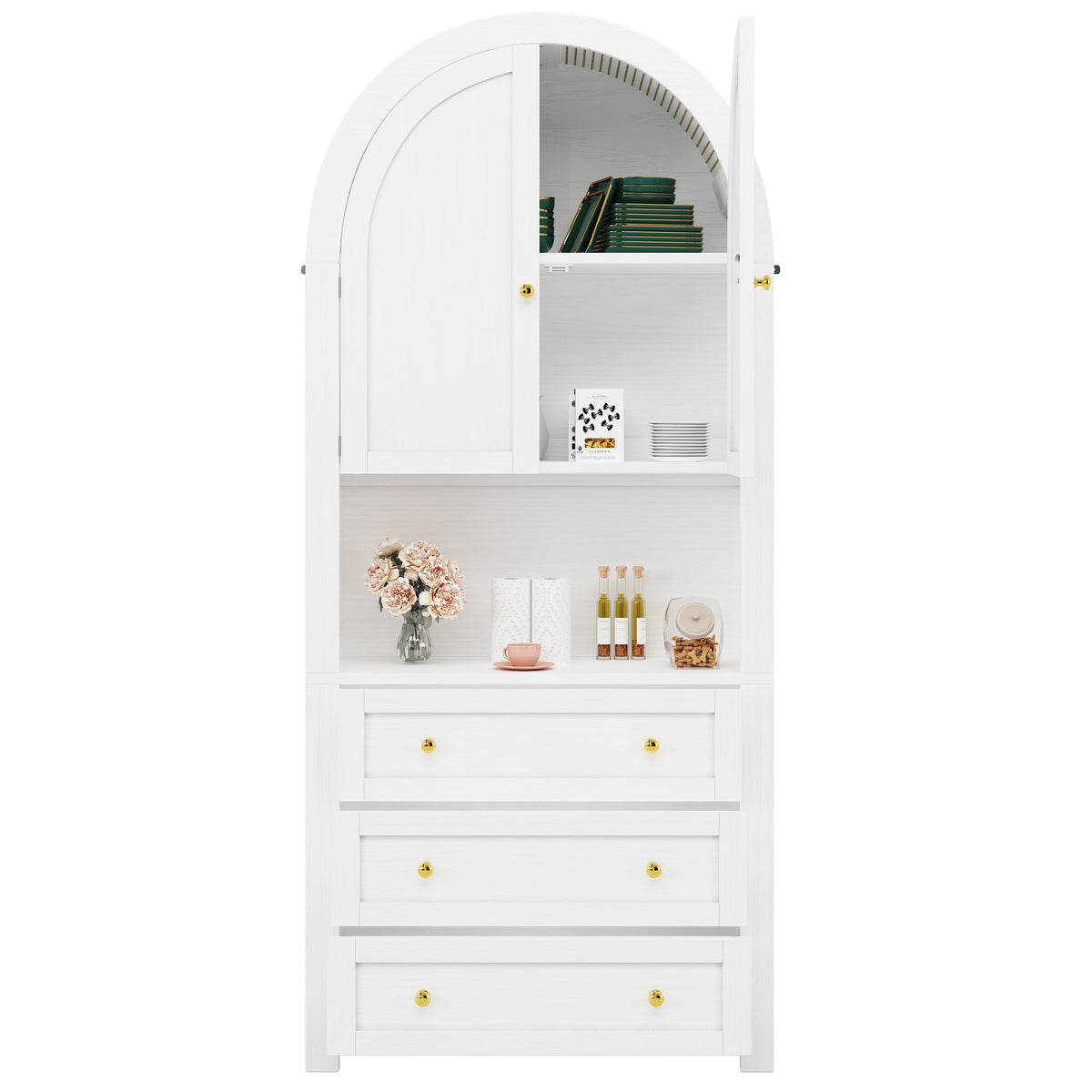 Tall Arched Storage Cabinet Drawers Doors Shelves - White