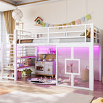 Loft Bed 90x200cm with Stairs, Storage & LED Light, White Metal