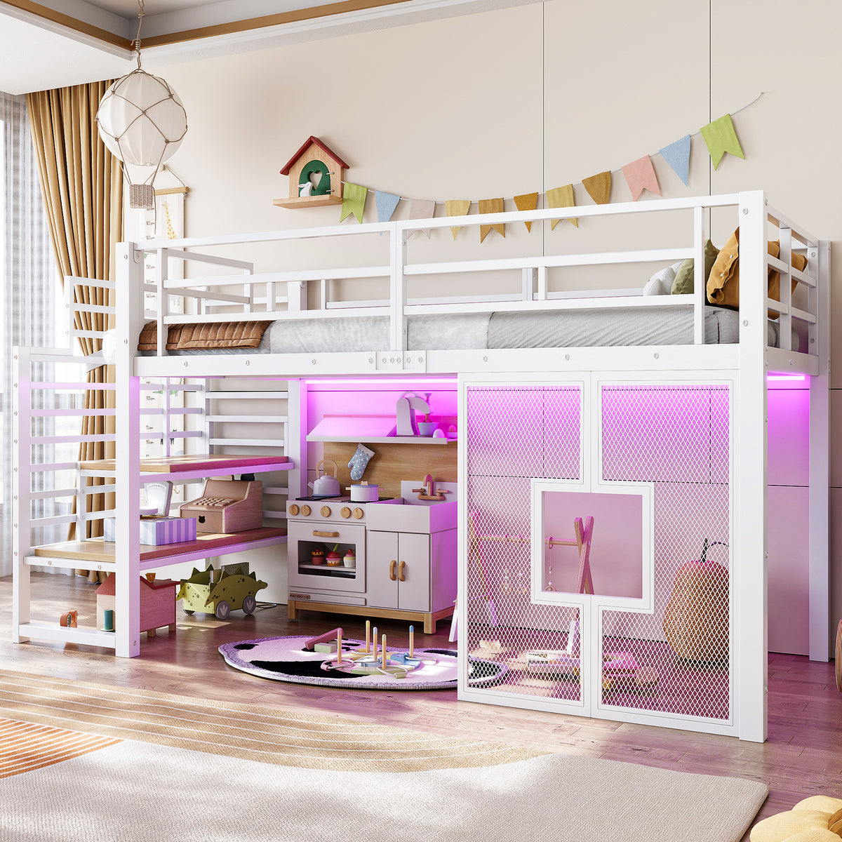 Loft Bed 90x200cm with Stairs, Storage & LED Light, White Metal
