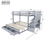 Bunk Bed with Pull-out Bed, Storage Ladder and Drawers, 90x200cm, Grey Wood