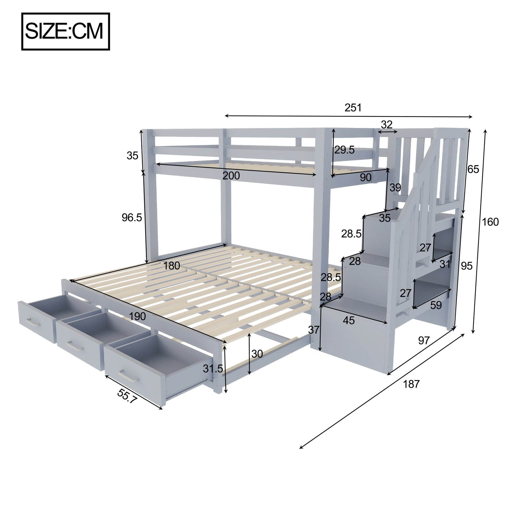 Bunk Bed with Pull-out Bed, Storage Ladder and Drawers, 90x200cm, Grey Wood