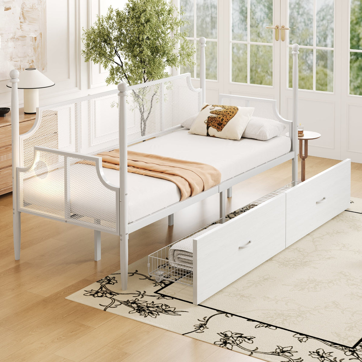 Iron Sofa Bed, 90x200 Vintage Mesh with Storage, White