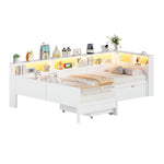 Wooden L-Shaped Platform Bed with Pull-Out Bed and Drawer, White
