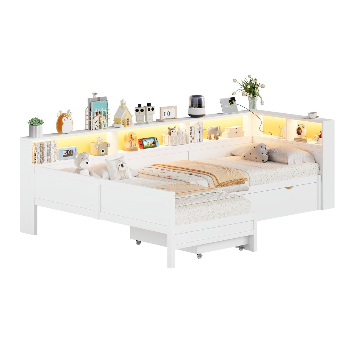 Wooden L-Shaped Platform Bed with Pull-Out Bed and Drawer, White
