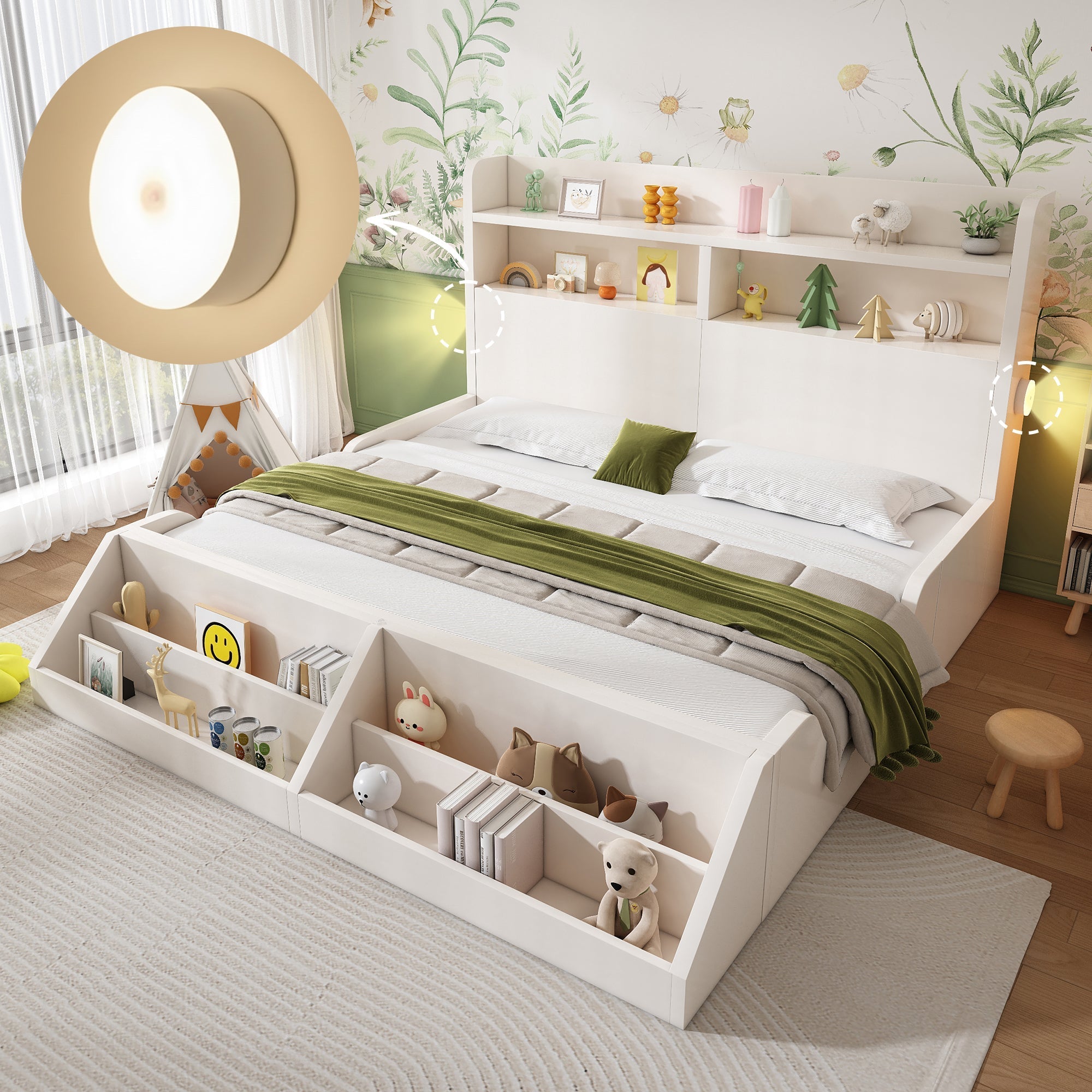 Wooden Double Bed 140x200cm Youth Bed with Shelves Nightlights Bookshelf Pure White