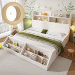 Wooden Double Bed 140x200cm Youth Bed with Shelves Nightlights Bookshelf Pure White