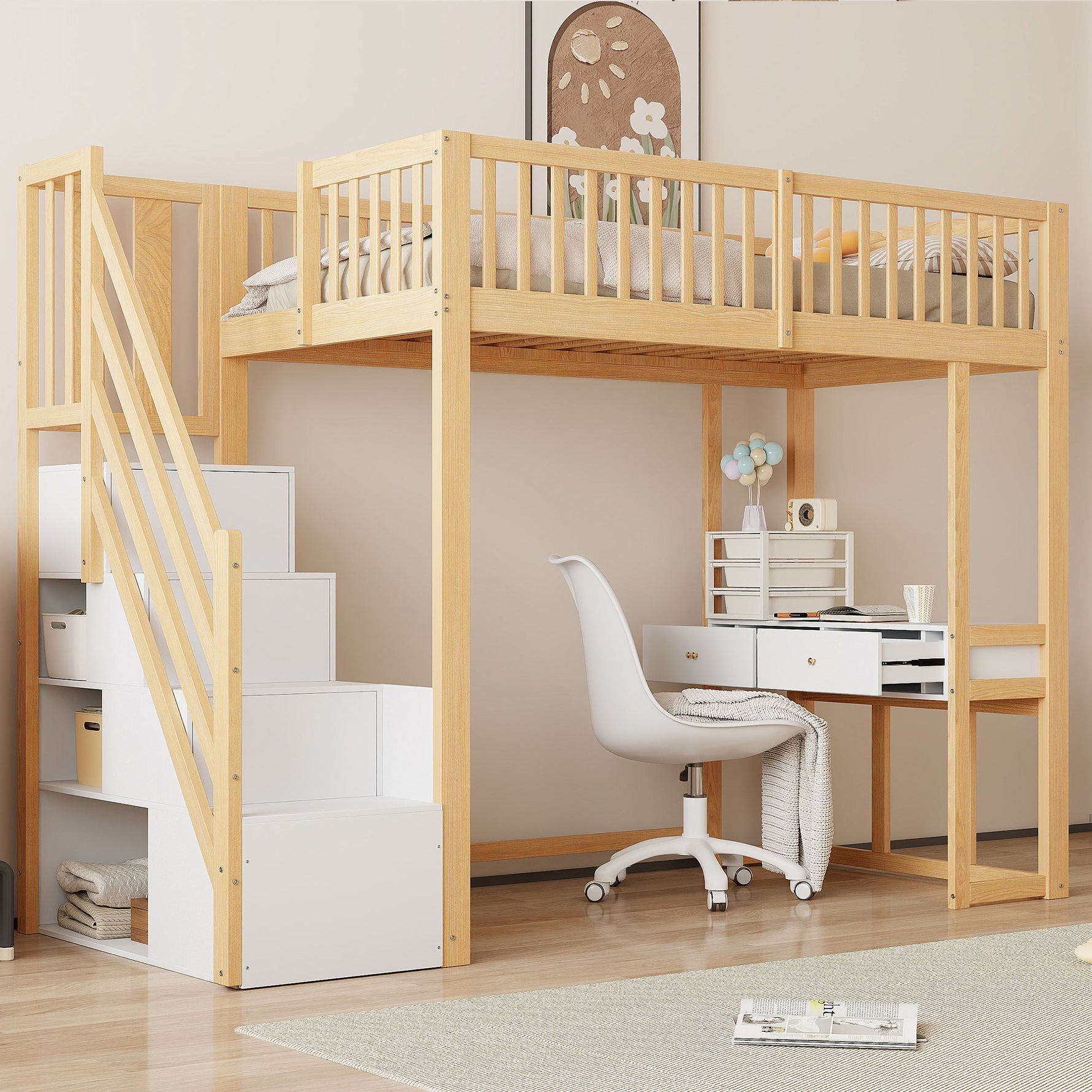 Loft Bed 90x200 Multifunctional Table Storage Stairs, Solid Pine Wood White