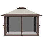 Folding Gazebo 4x4m Height Adjustable UV Protection Net Curtains Double Roof, Beige