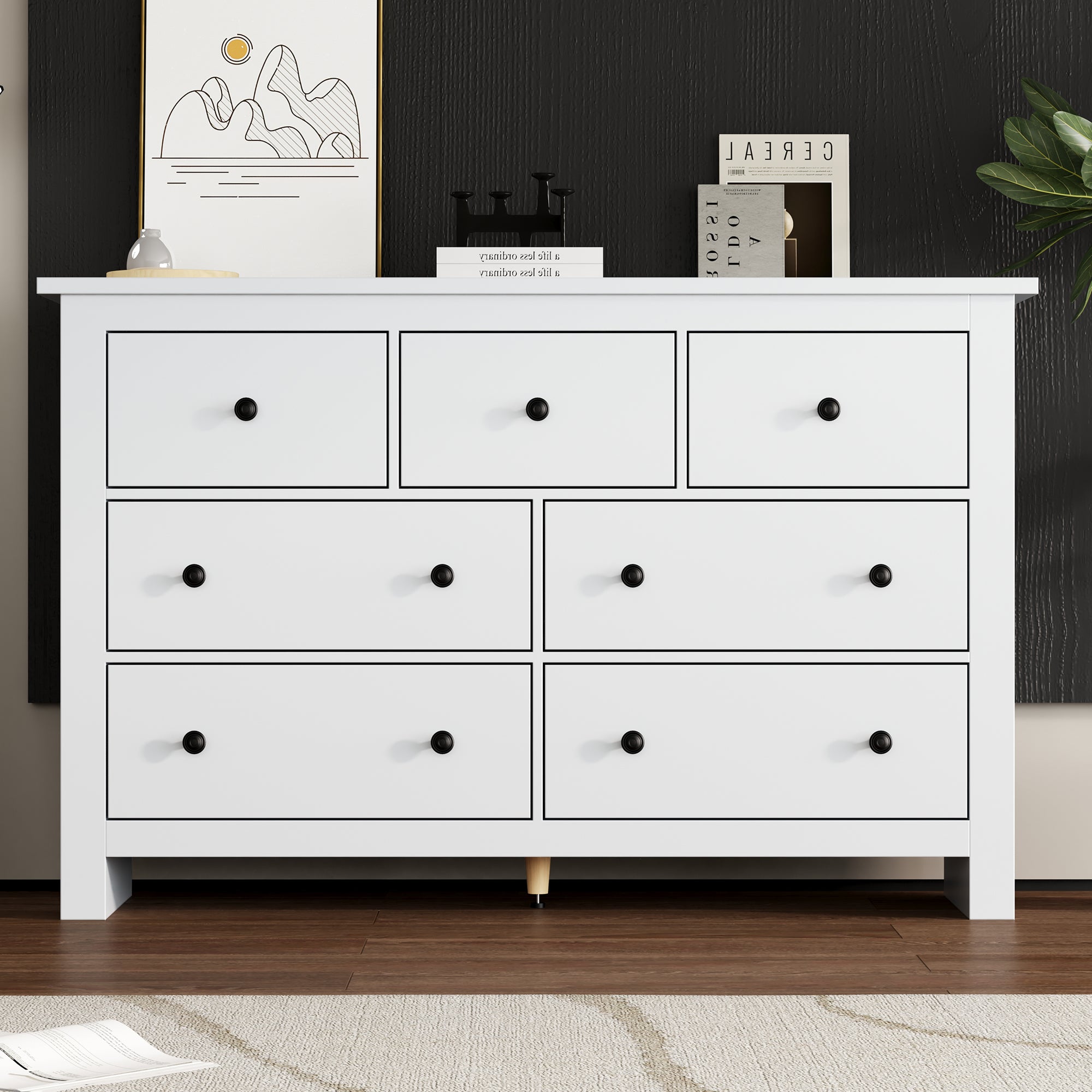 Dining Cabinet, Modern Minimalist 7-Drawer Buffet, White