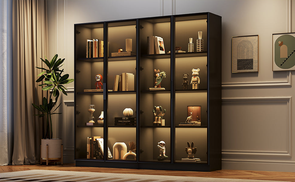 Glass Display Case, App-Controlled LED Lighting 4-Door Storage Cabinet, Freestanding
