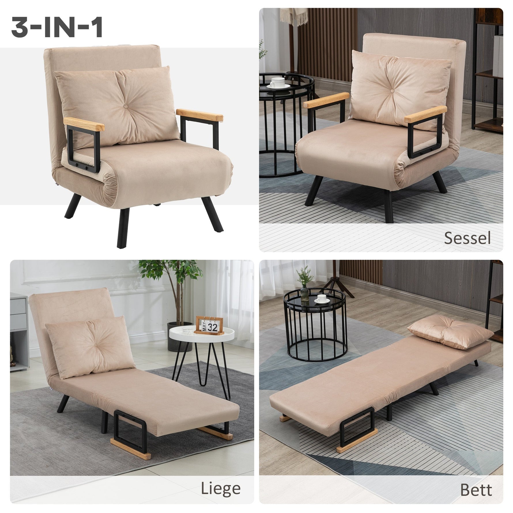 Sofa Bed/Recliner Guest Bed Adjustable Backrest, Velvet Beige
