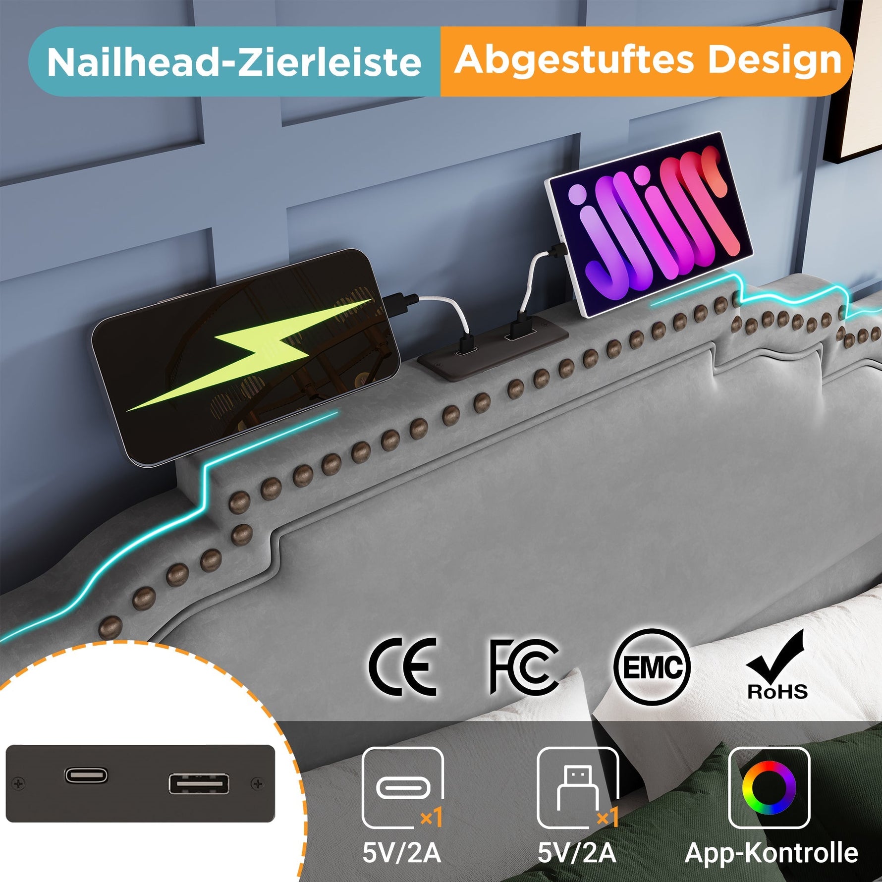 Upholstered Bed 180x200, Double Bed with 4 Drawers, LED and USB-C, Grey Velvet