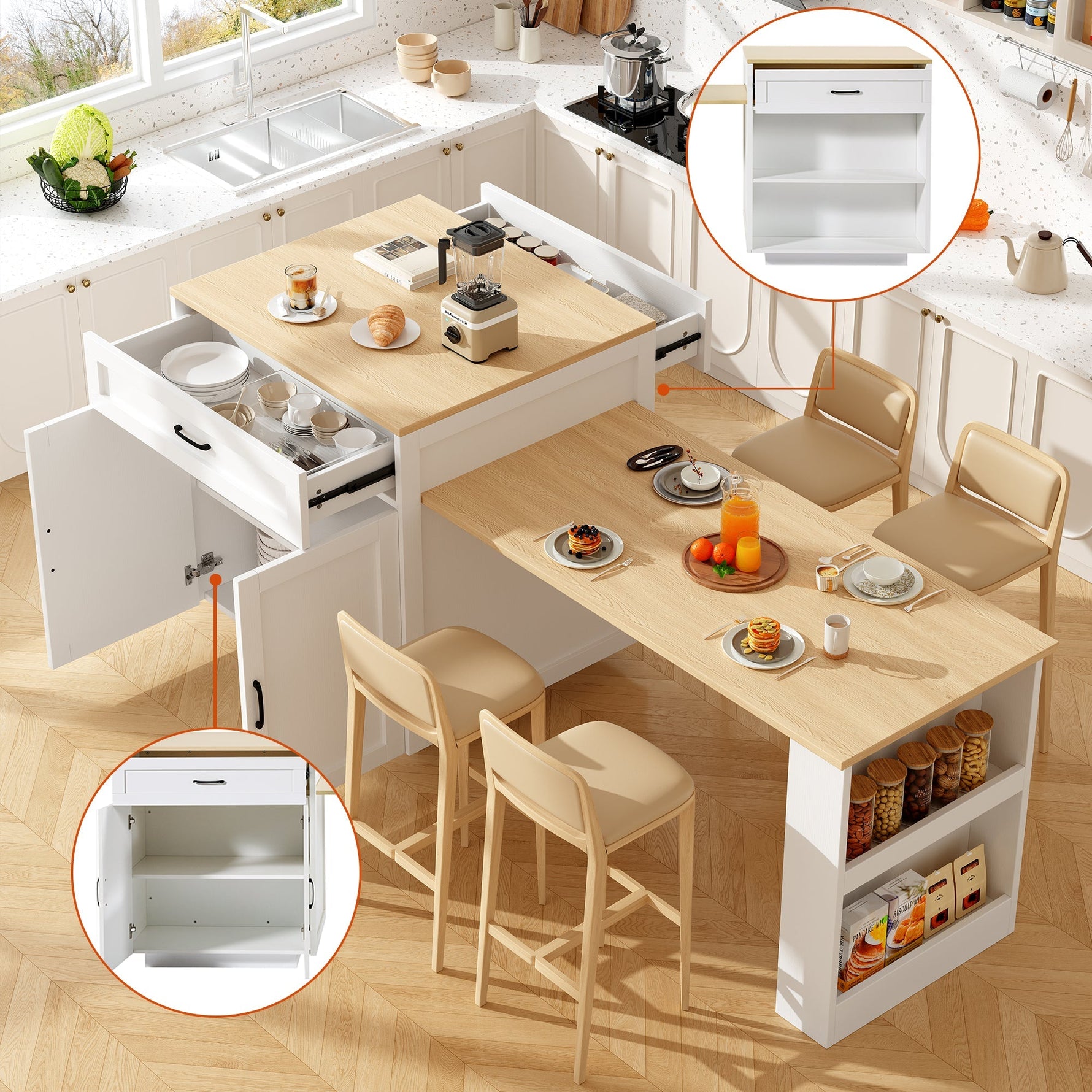Extendable Bar Table Storage 2 Drawers Side Shelves - White