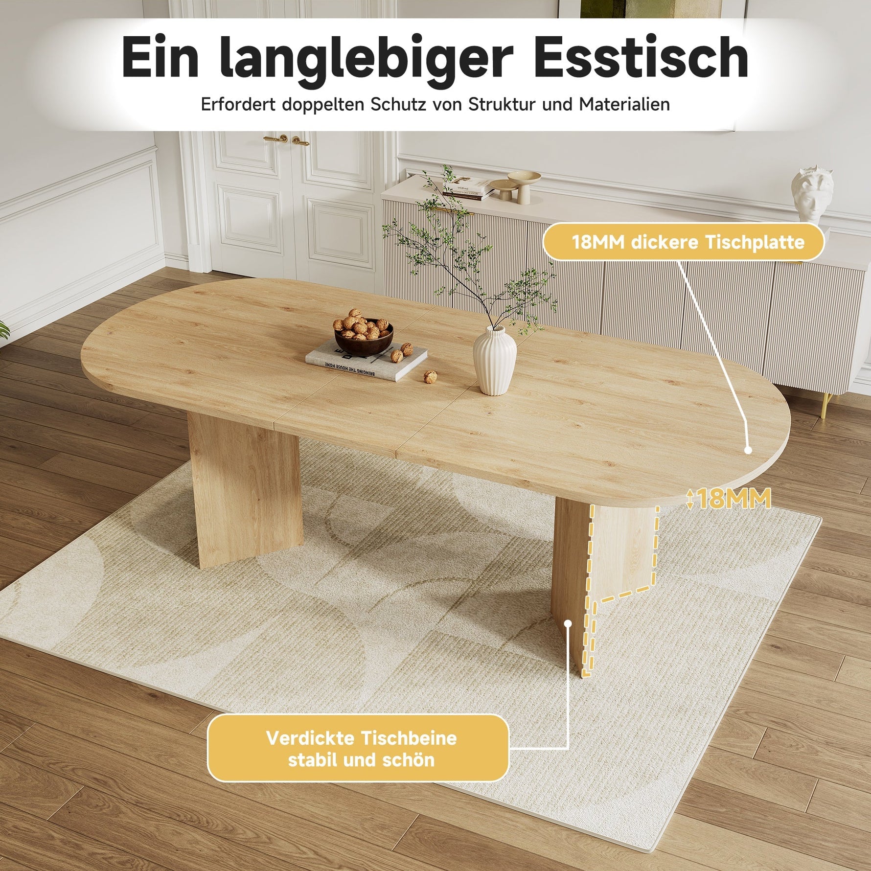Extendable Dining Table 160/200x90cm 6-8 Seater Rounded Top - Oak Color